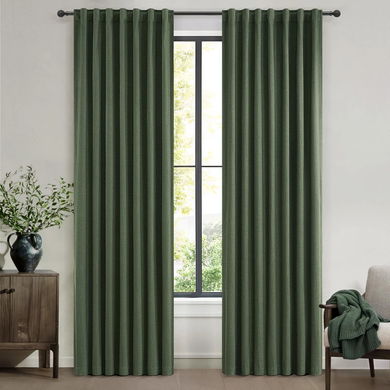 QJmydeco Elegant Blackout Curtains for Living Room Dark Olive Green Linen Blended Closet Cover Curtains 90 Inch Length 2 Panels set Long Kitchen Drapes Back Tab/Rod Pocket/Hook Belt