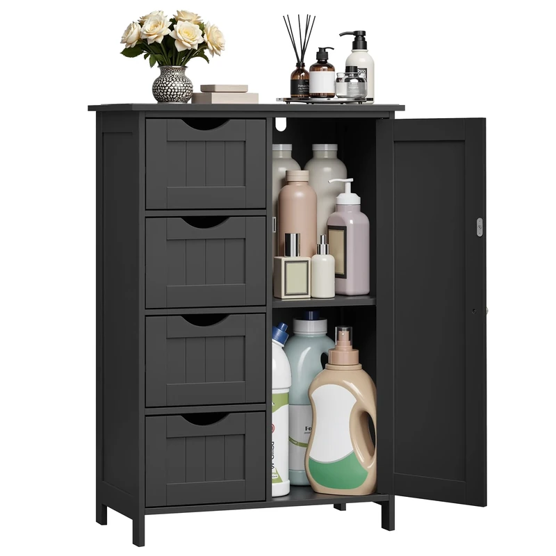 VASAGLE Bathroom Floor Storage Cabinet, Bathroom Storage Unit with 4 Drawers, Bathroom Cabinet Freestanding, with 1 Door, Adjustable Shelf, 30 x 55 x 82 cm, Ink Black LHC041B02