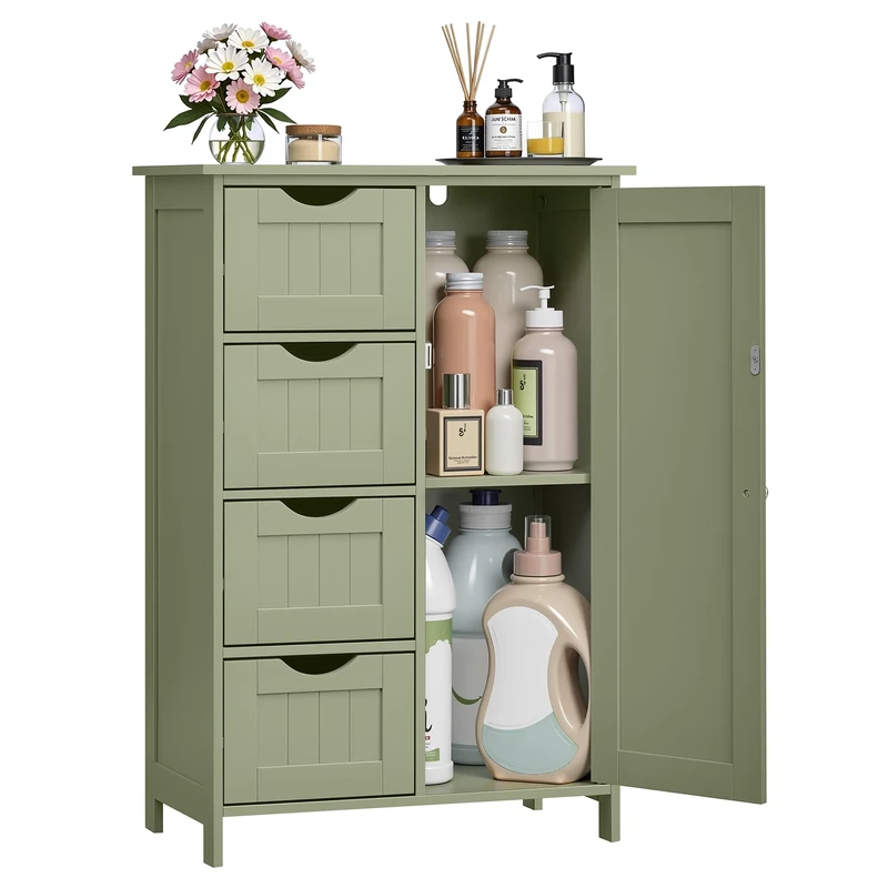 VASAGLE Bathroom Floor Storage Cabinet, Bathroom Storage Unit with 4 Drawers, Bathroom Cabinet Freestanding, with 1 Door, Adjustable Shelf, 30 x 55 x 82 cm, Laurel Green LHC041C02