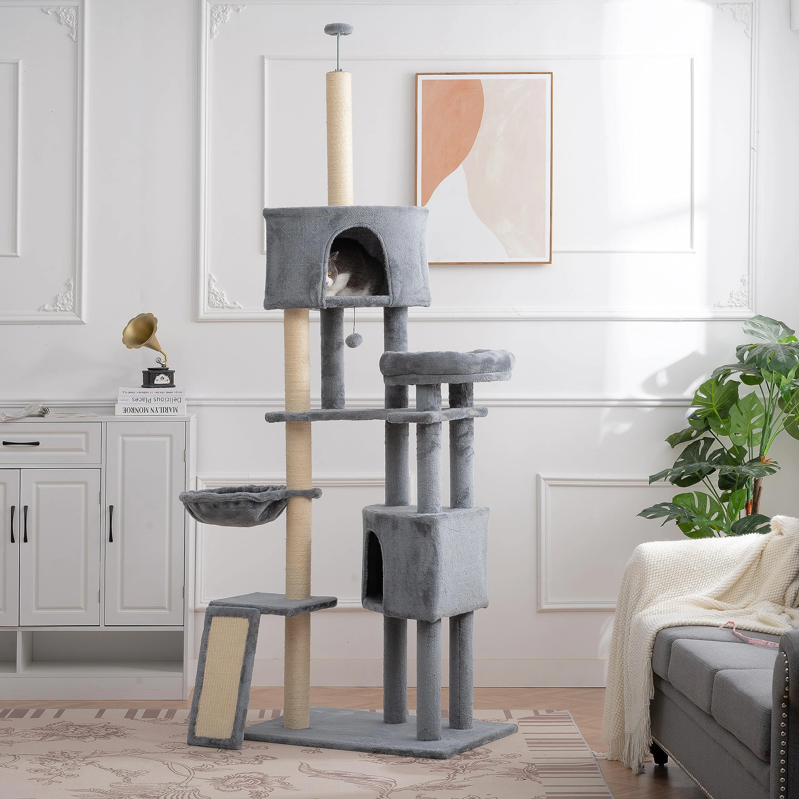 105 -Inch Cat Tree, Cat Tower for Indoor Cats, Multi-Level Cat Condo with 3 Perches, 2 Caves, Basket and Scratching Board Fo