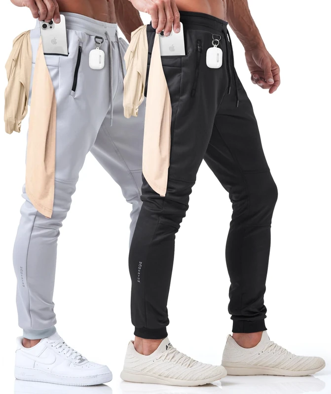 Born Tough Slim-Fit Mens Workout Joggers Pants, Tapered Bodybuilding Gym Joggers, Athletic Running Sweatpants Zipper Pockets, Pack of 2 (Black/Steel Gray), Large