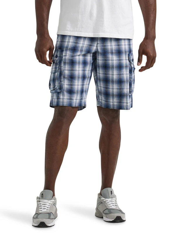 Lee Men's Dungarees New Belted Wyoming Cargo Short, Blue Plaid, 36