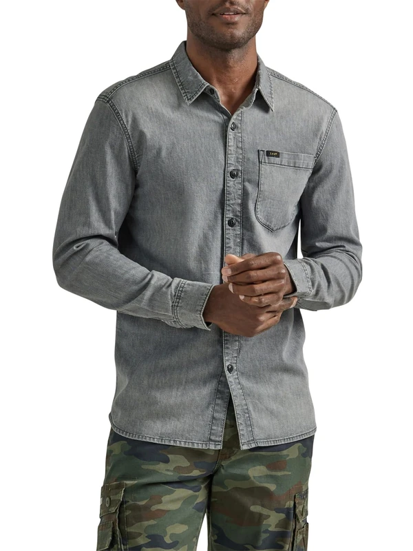 Lee Men's Extreme Motion All Purpose Long Sleeve Worker Shirt, Gray Denim, 34/36
