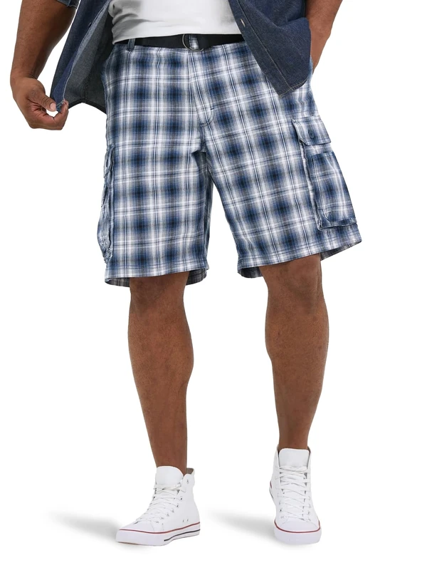 Lee Men's Dungarees New Belted Wyoming Cargo Short, Blue Plaid, 32