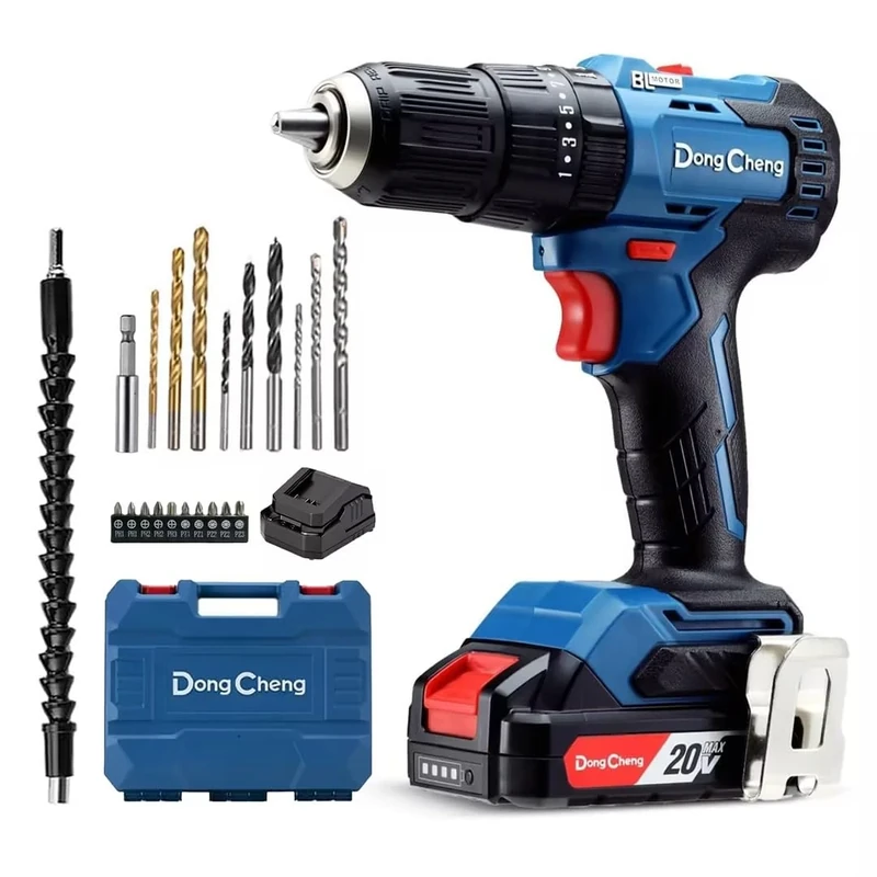 Dong Cheng 20V Brushless Heavy-Duty Impact Drill, 50N.m, 27000 BPM, 13mm Keyless Metal Chuck, 20+1+1 Clutch, Cordless Hammer Drill with 2.0Ah Battery for Drilling Brick Wall, Metal, Wood