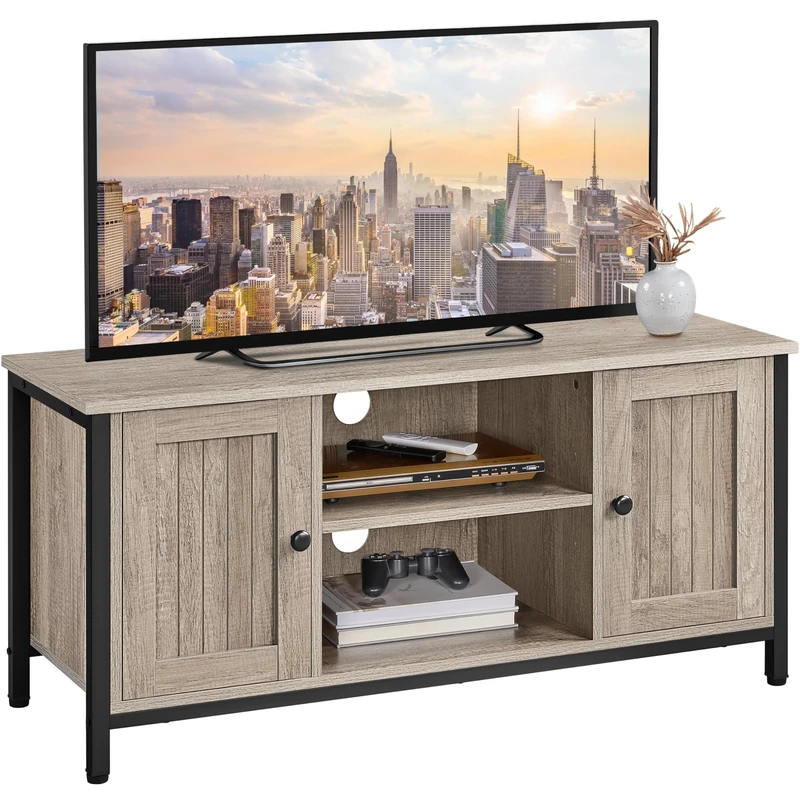 Yaheetech Industrial TV Cabinet Wood TV Stand Cabinet for 50 Inch TV, TV Stand with 2 Doors & Adjustable Shelves, TV Table for Living Room, Dinning Room & Bedroom, Grey