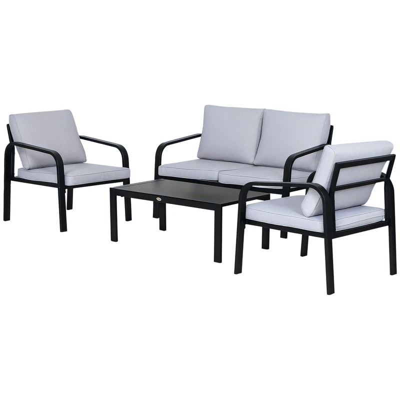 Outsunny 4pcs Garden Sectional Loveseat Chairs Table Furniture, Cushion, Black