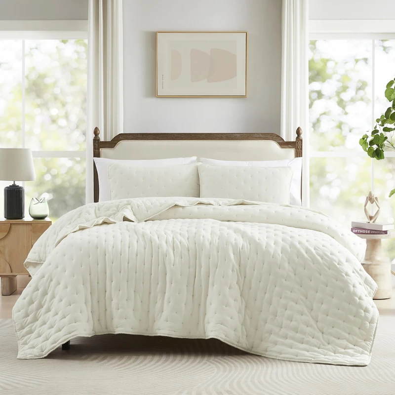 WDCOZY Ivory Cloud California Cal King Size Quilt Bedding Set with Pillow Shams, Cream White Puffy Cozy Lightweight Bedspread Coverlet, Soft Cute Bed Cover for All Season