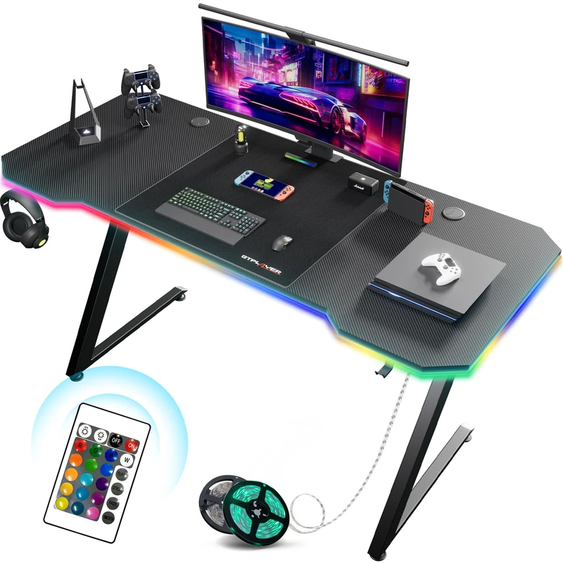 GTPLAYER Gaming Desk 120 x 60 cm, Gaming Desk with LED, Gaming Table PC with Mouse Pad, Headset Hook, Black
