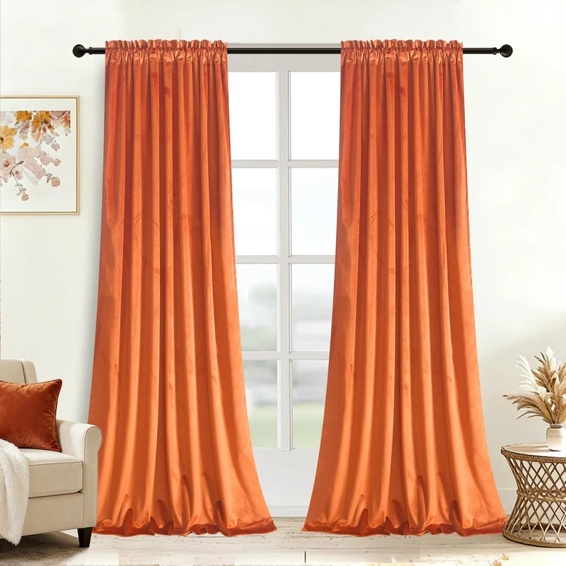 Roslynwood Red Orange Rod Pocket 90 inches Long, Super Soft Velvet Window Drapes Thermal Insulated Home Decoration for Girls Room/Living Room/Dining Room, W52 x L90, 2 Panels