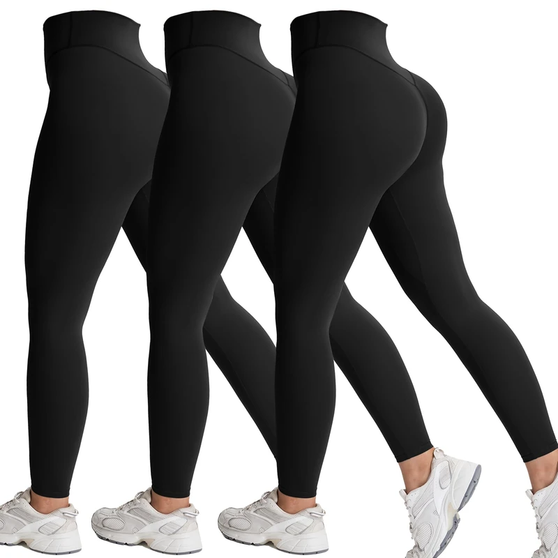 Aoxjox High Waisted Workout Leggings for Women Tummy Control Buttery Soft Yoga Metamorph Deep V Pants 27", Black 3 Pieces Pack, S