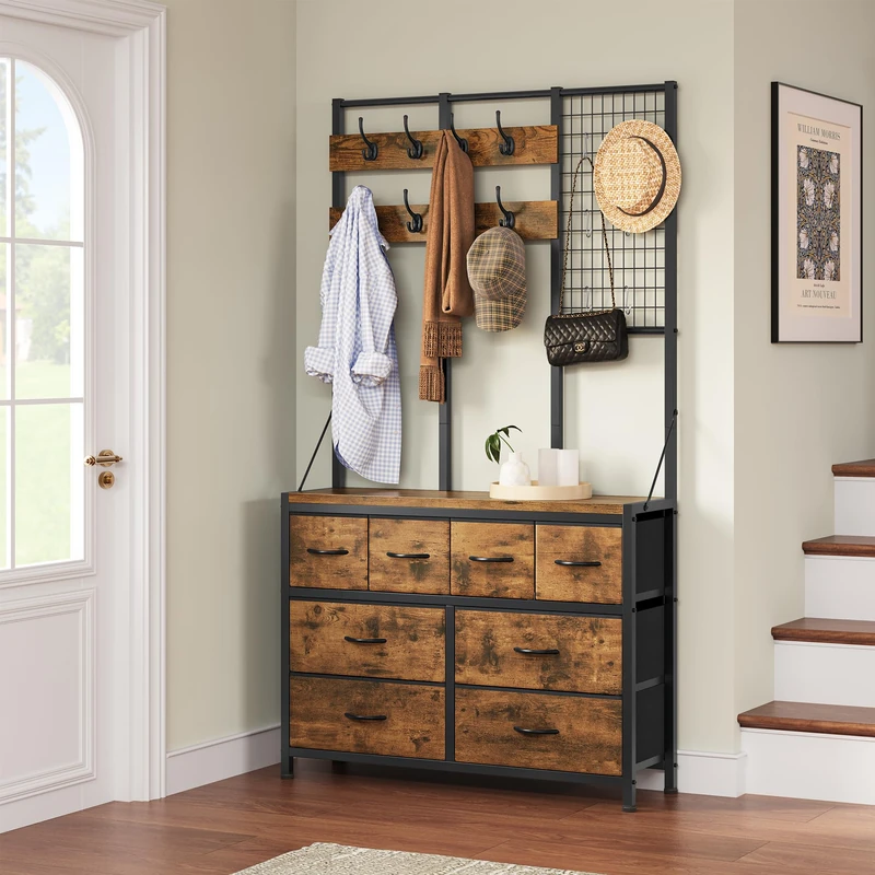 YITAHOME Coat Rack Stand, Floorstanding Hall Tree with 8 Drawers Industrial Clothes Rail with 8 Hooks for Hallway Entryway Bedroom Living Room, Rustic Brown