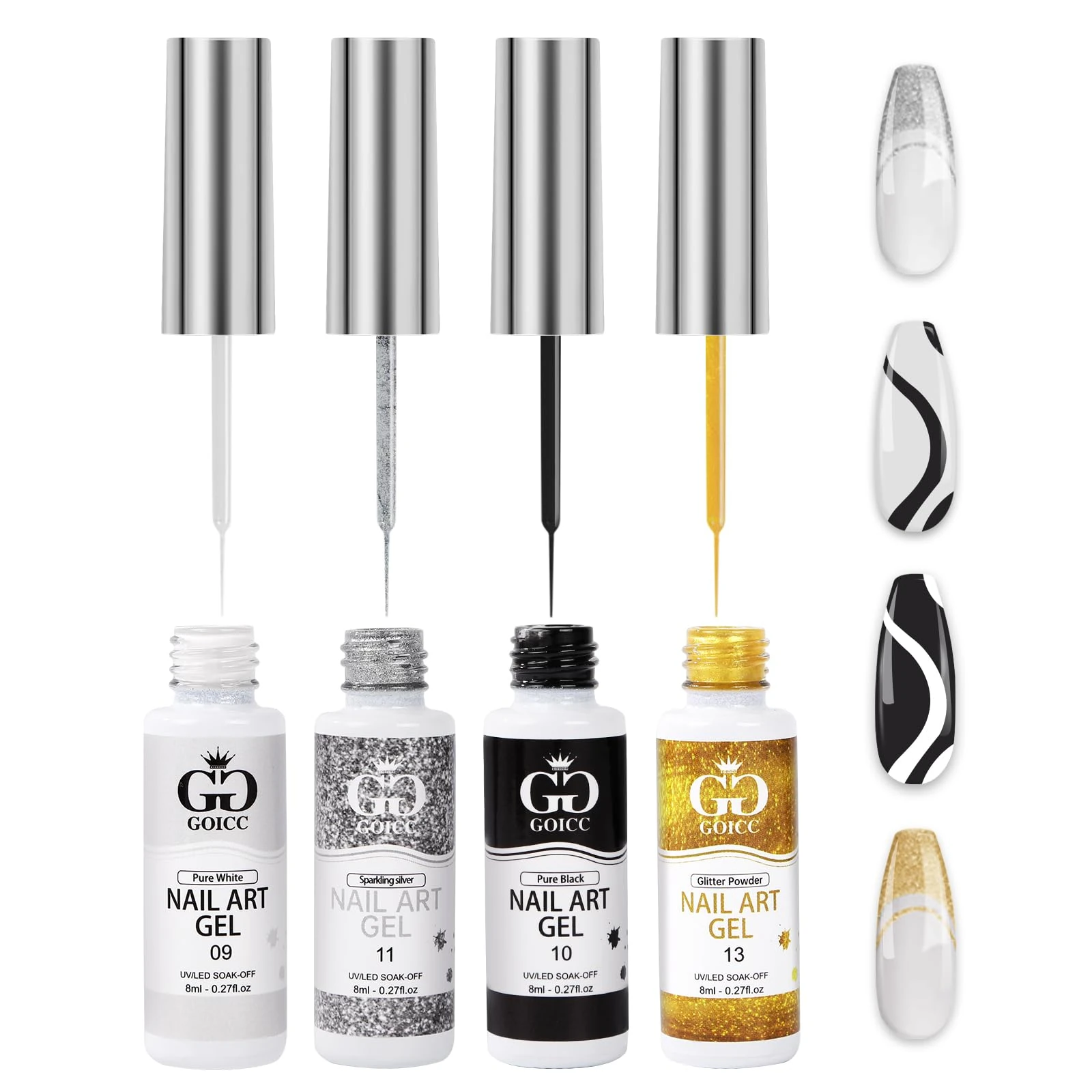 Gel Liner Nail Art Kit - 4 Colors Black White Glitter Silver Gel Polish - Soak Off & Curing Required - 8ml with Thin Nail Art Brush