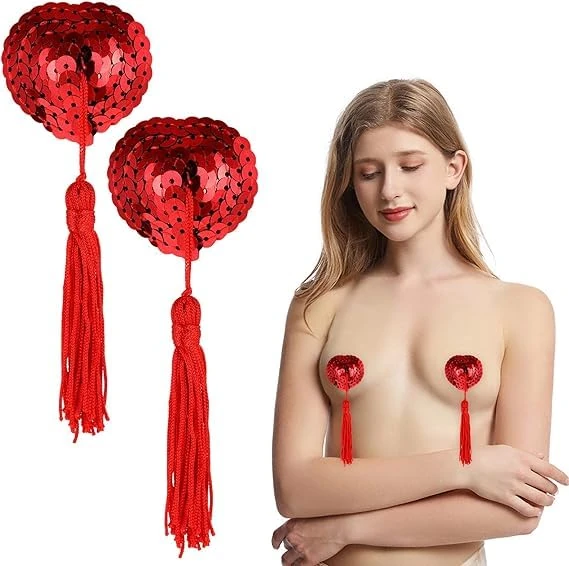 YUFFQOPC Red Nipple Covers Reusable Adhesive Nipple Tassels Burlesque Nipple Covers Sexy Shiny Sequin Heart-Shaped Breast Pasties Bra with Tassel for Couples Role Play Costume Party Accessory Red