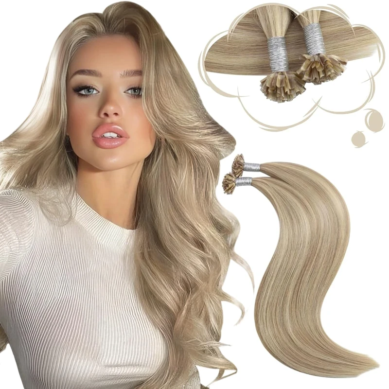 Moresoo U Tip Hair Extensions Real Human Hair 22 Inch Dark Honey Blonde with Medium Blonde Nail Tips Hair Extensions Real Hair Highlights 1g/s 50g/Pack #16/22