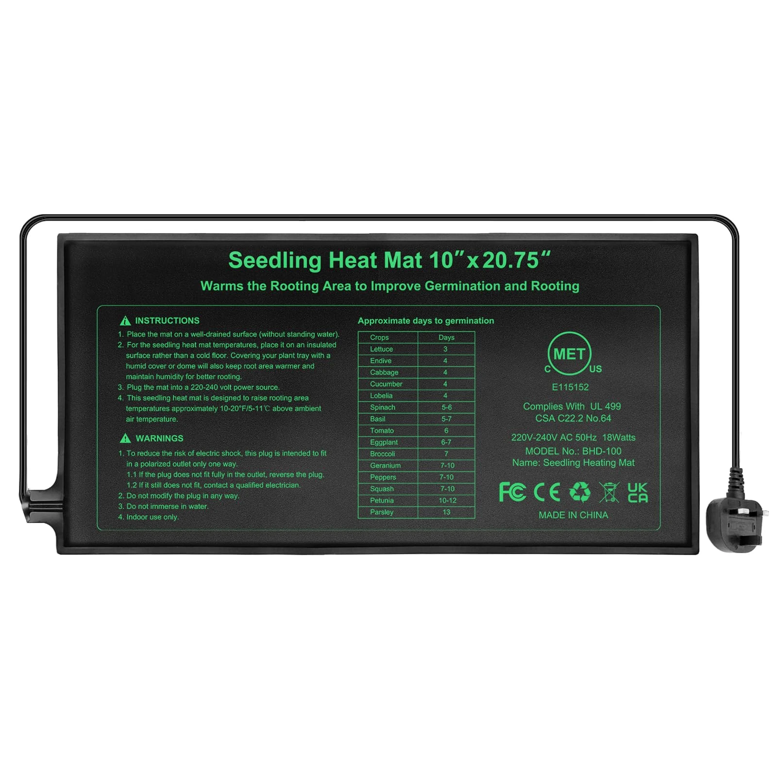 RC SLL Seedling Heat Mat 10" x 20.75",Waterproof Plant Hydroponic Heating Mat for Seed Starting,Plant Germination and Reptile with Power-Off Protection (1 Pack)