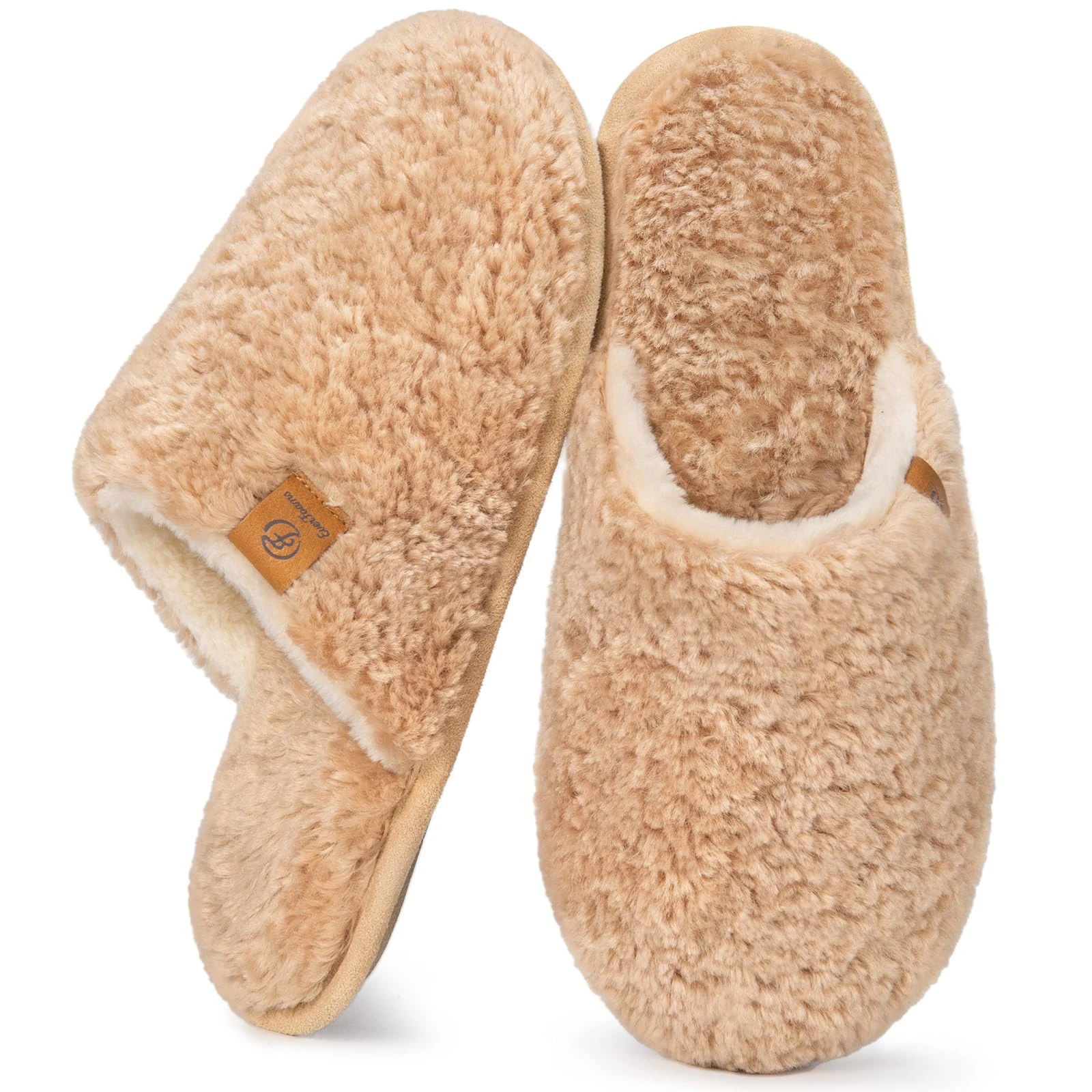 EverFoams Women's Slippers Cosy Fuzzy Faux Alpine Shearling House Shoes Ladies' Memory Foam Slip-ons with Lightweight Non-slip Sole Sand, 3-4 UK