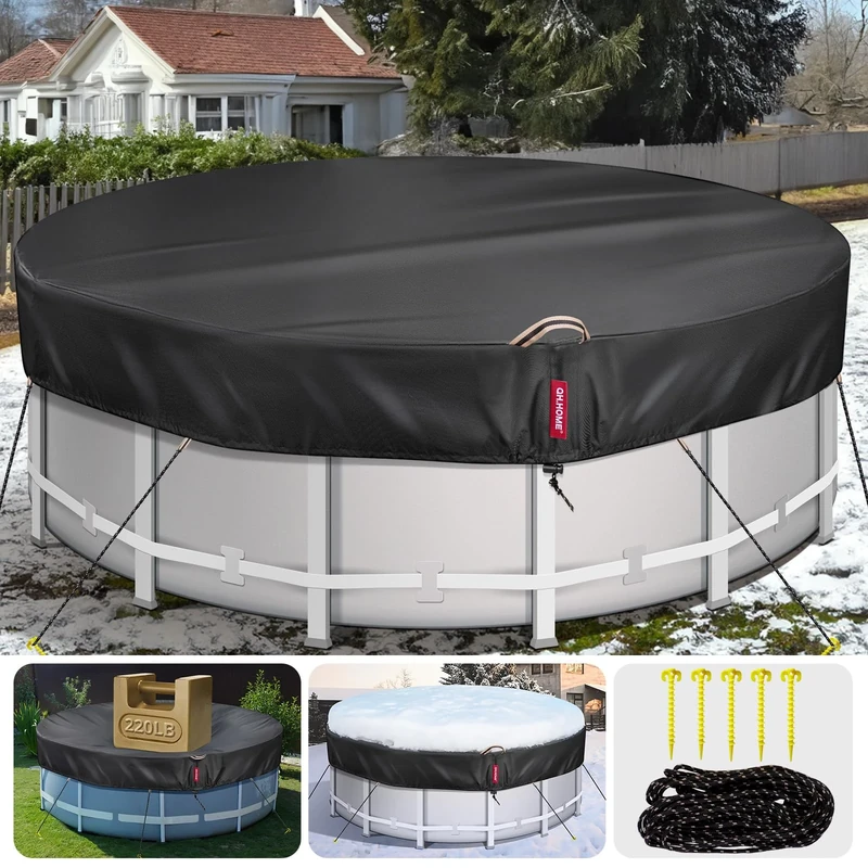 QH.HOME 18 Ft Round Winter Pool Covers for Above Ground Pools - [634N Strong Tear Resistant & 500D Upgrade Extra Dense Fabric] Solar Swimming Pool Cover with Fade Resistant, Windproof - Black