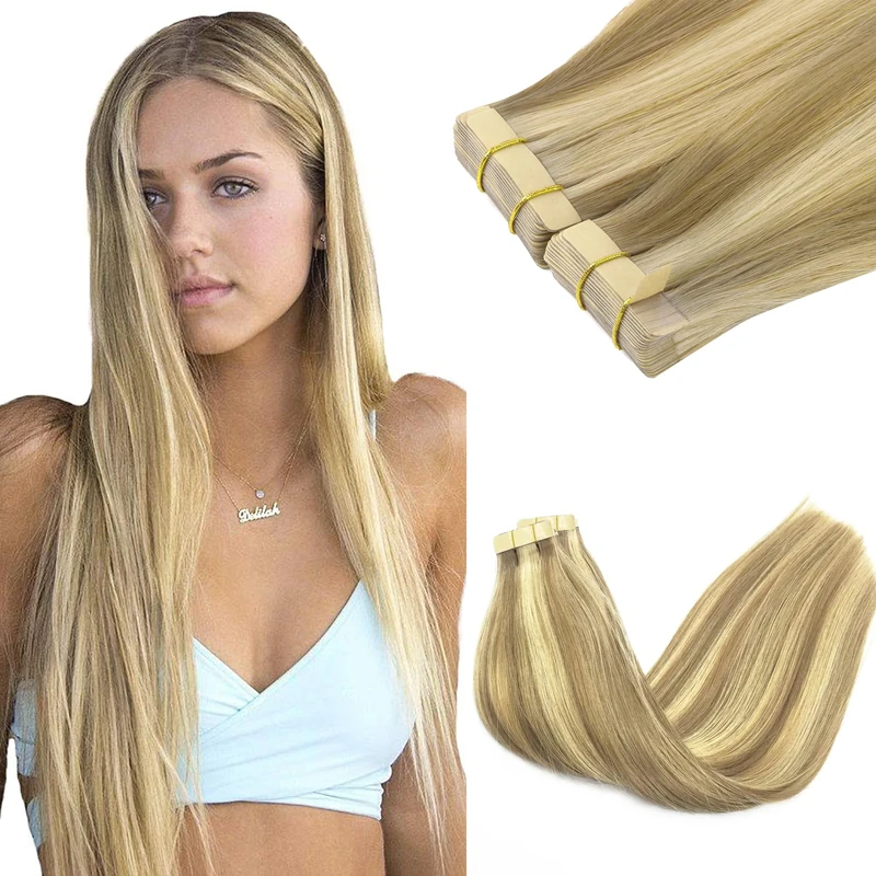 GOO GOO Tape in Hair Extensions human hair, tape Hair Extensions, 16inch 100g 40pcs, Human Hair Extensions, 16/22A Golden Blonde