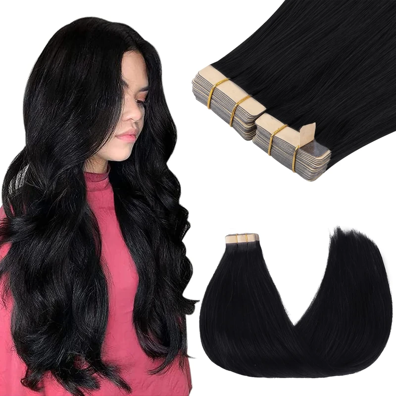 GOO GOO Tape in Hair Extensions human hair, tape Hair Extensions, 18inch 100g 40pcs, Human Hair Extensions, 1 Jet Black
