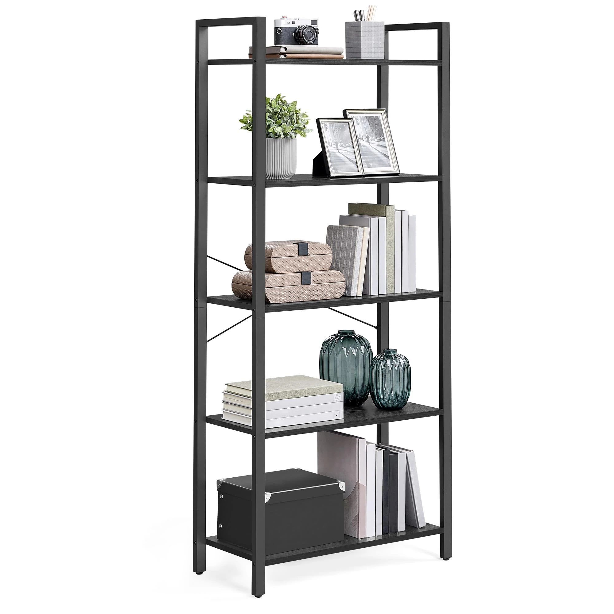 VASAGLE 5-Tier Bookshelf, Bookcase, Shelving Unit, for Office, Study, Living Room, Bedroom, 30 x 66 x 153 cm, Industrial, Ebony Black and Ink Black LLS061B56