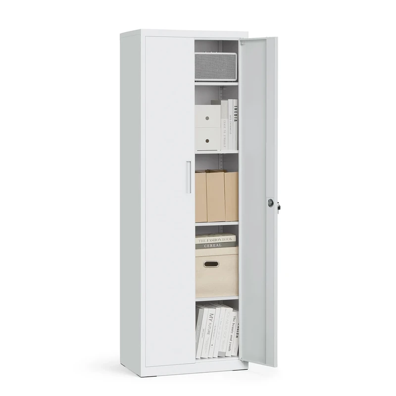 SONGMICS Storage Cabinet, Multi-Purpose 5-Tier Steel Cupboard, with Adjustable Shelves, Double Doors, Lock, Tool Chest, for Garage, Study, Grey OMC014G01
