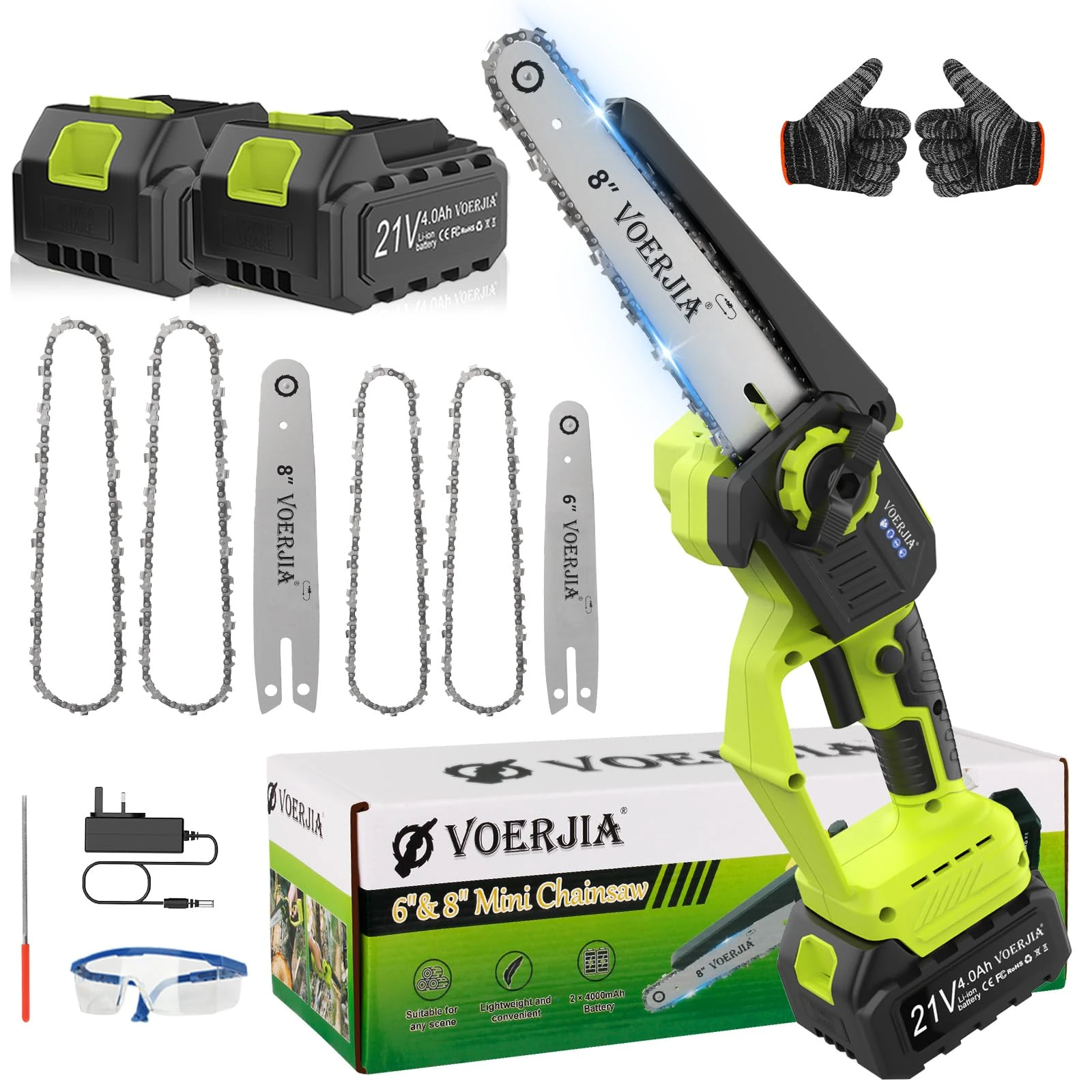 VOERJIA 6&8" Mini Chainsaw, Brushless Cordless Chainsaw with 2×4.0AH Batterie, 2 Guide Plate, 4 Chains, Electric Chainsaws with Automatic Oiler and Adjustable Chain for Cutting Branche, Trimming Tree