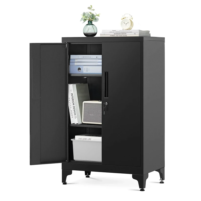 SONGMICS File cabinet, Multipurpose for Garage, Office with 2 Doors, Lockable, Steel Storage, Deep Storage with Shelves, for Study, Living Room, Ink Black OMC012B01