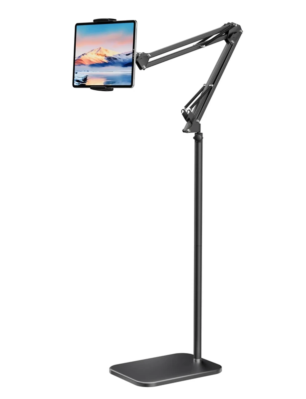 LanPavilion Tablet Floor Stand with Upgraded Weighted Base, Adjustable Arm Tablet Stand Phone Holder for Bed Sofa Use, Compatible with iPad Pro, Air, iPhone, Samsung Tab, Kindle, 4.7''-13'' Devices