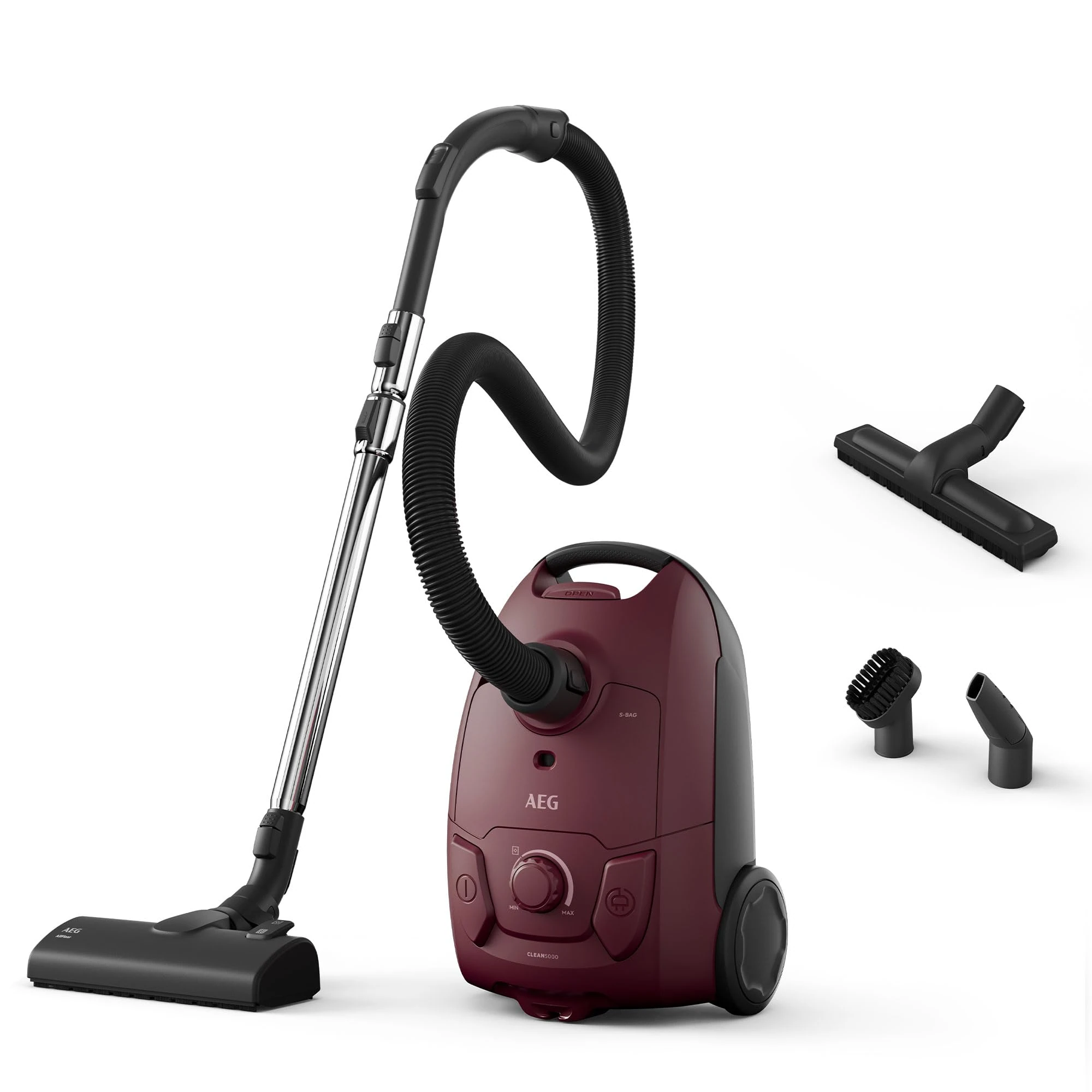 AEG 5000 Series Bagged Cylinder Vacuum Cleaner AB51C2DR, Strong Suction Power, 3L Dust Capacity, Ergonomic Design, High Filtration System, For Hard Floors & Carpets, Dustbag Full Indicator, Dark Red