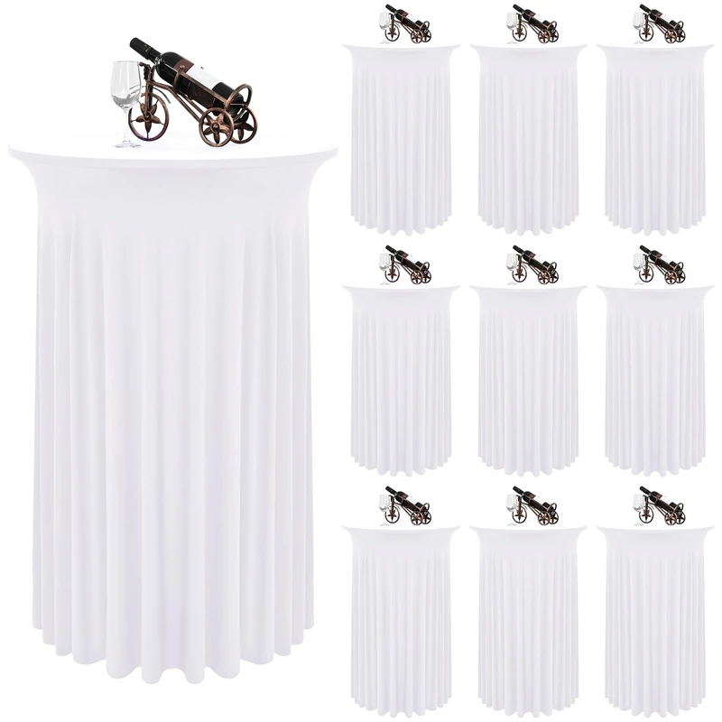 REWOMC 10 Packs Round Cocktail Table Skirt 32"x 43" Spandex Stretch Cocktail Tablecloth with Wavy Drapes, White Spandex Fitted High Top Table Covers for Wedding Bar Party Birthday Banquet Table