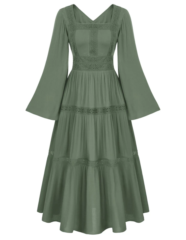 SCARLET DARKNESS Renaissance Dress Women Pirate Peasant Tiered Flowy Long Dresses, Light Green, S