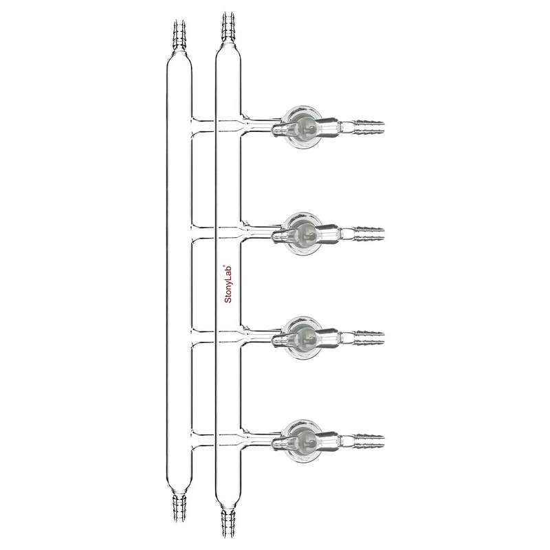 stonylab Glass Double Vacuum Manifold, Borosilicate Glass Vacuum Gas Dual Bank Manifold with 4 Ports and 4 Glass Stopcocks Vacuum Gas Distributor for Laboratory Schlenk Line