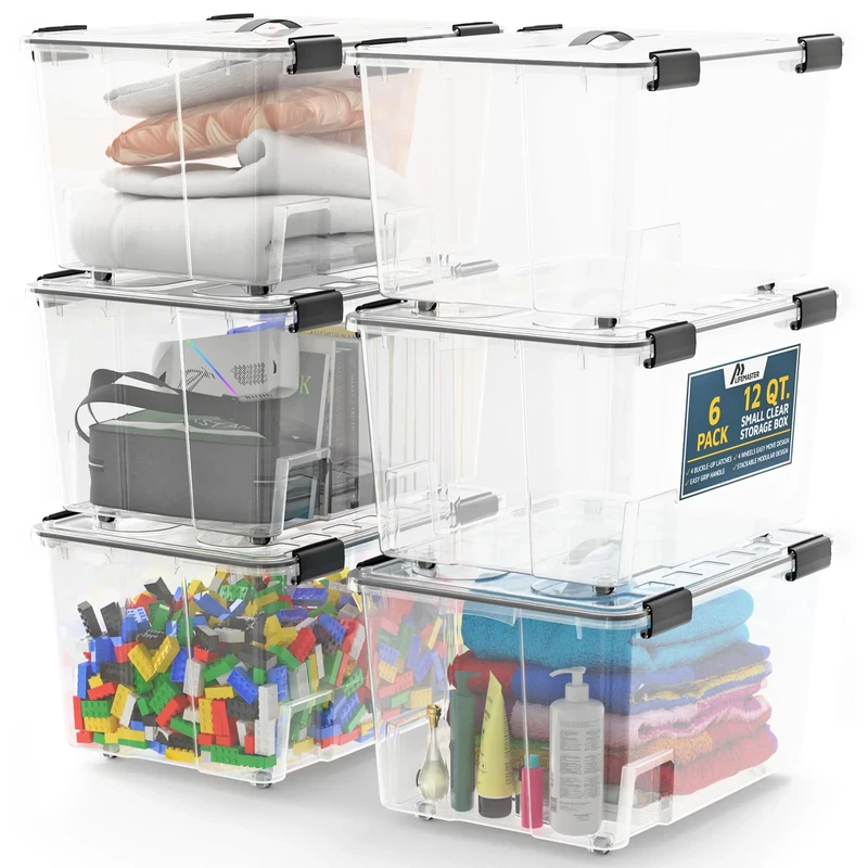 Lifemaster 6-Pc 12QT Stackable Storage Boxes - Clear Plastic with Black Seal, Modular & Nestable Design, Secure Latches, Easy-Move Wheels & Pull-Out Base for Efficient Organization