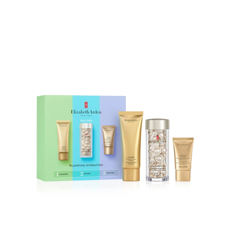 Elizabeth Arden PLUMPING HYDRATION Hyaluronic Acid Ceramide Capsules 3-Piece Gift Set hydrating skincare for dry skin, luxury gifting for women