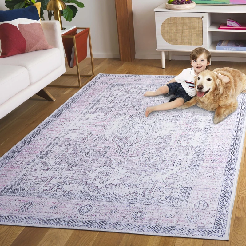 Safavieh Distressed Rug Ideal for High Traffic Areas - Machine Washable and Non Slip - Arizona Collection, Short Pile, in Pink and Beige, 244 X 305 cm