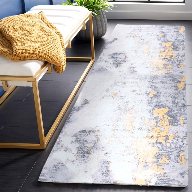 Safavieh Abstract Rug Ideal for High Traffic Areas - Machine Washable and Non Slip - Tacoma Collection, Short Pile, in Grey and Gold, 274 X 366 cm