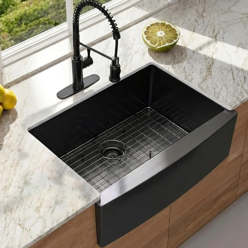 Comllen Commercial 33 inch 304 Stainless Steel Farmhouse Sink, Single Bowl Kitchen Sinks 16 Gauge 9 Inch Deep Handmade Undermount Farm Apron Front Kitchen Sink, Gunmetal Black