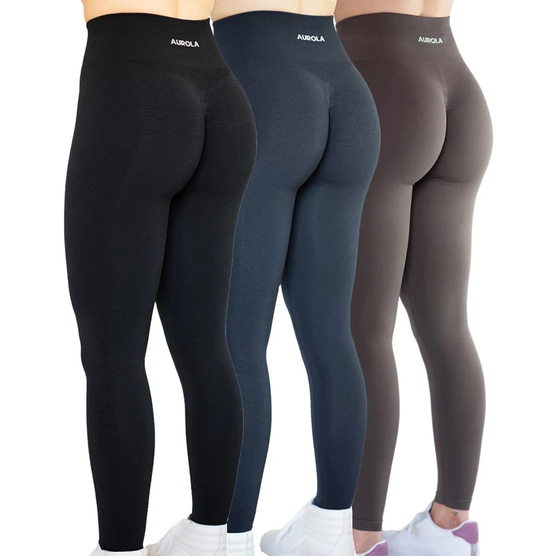AUROLA Workout Leggings for Women Seamless Scrunch Tights Tummy Control Gym Fitness Girl Sport Active Yoga Pants, Pack (Black+Black Marl+Chestnut Brown), XL