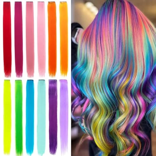 12 Pcs Colored Clip in Hair Extensions, 22 Inch Colorful Rainbow Highlights Hairpieces Straight & Long Heat-Resistant Synthetic Hair for Kid Girls Women Party Hair Decor (Colorful)