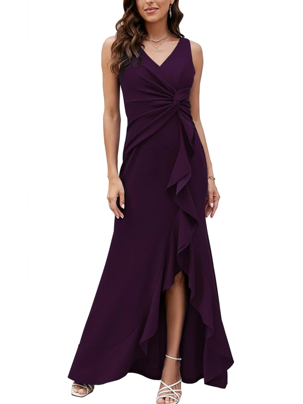FQA Long Black Evening Gowns for Women Formal Dresses for Women Evening Party Elegant V Neck Sleeveless Split Wrap, Purple, M