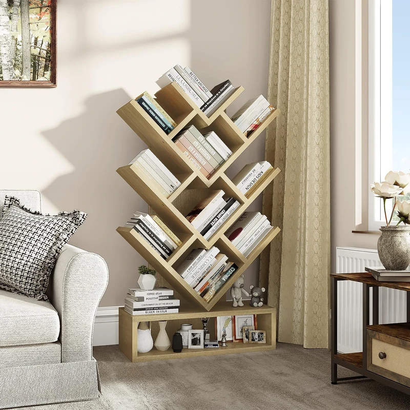 YITAHOME Tree Bookshelf, Floor Standing Bookcase with Wooden Drawer Industrial Shelving Units Display Storage Shelf for Living Room,Home,Office, Oak Color Book shelves