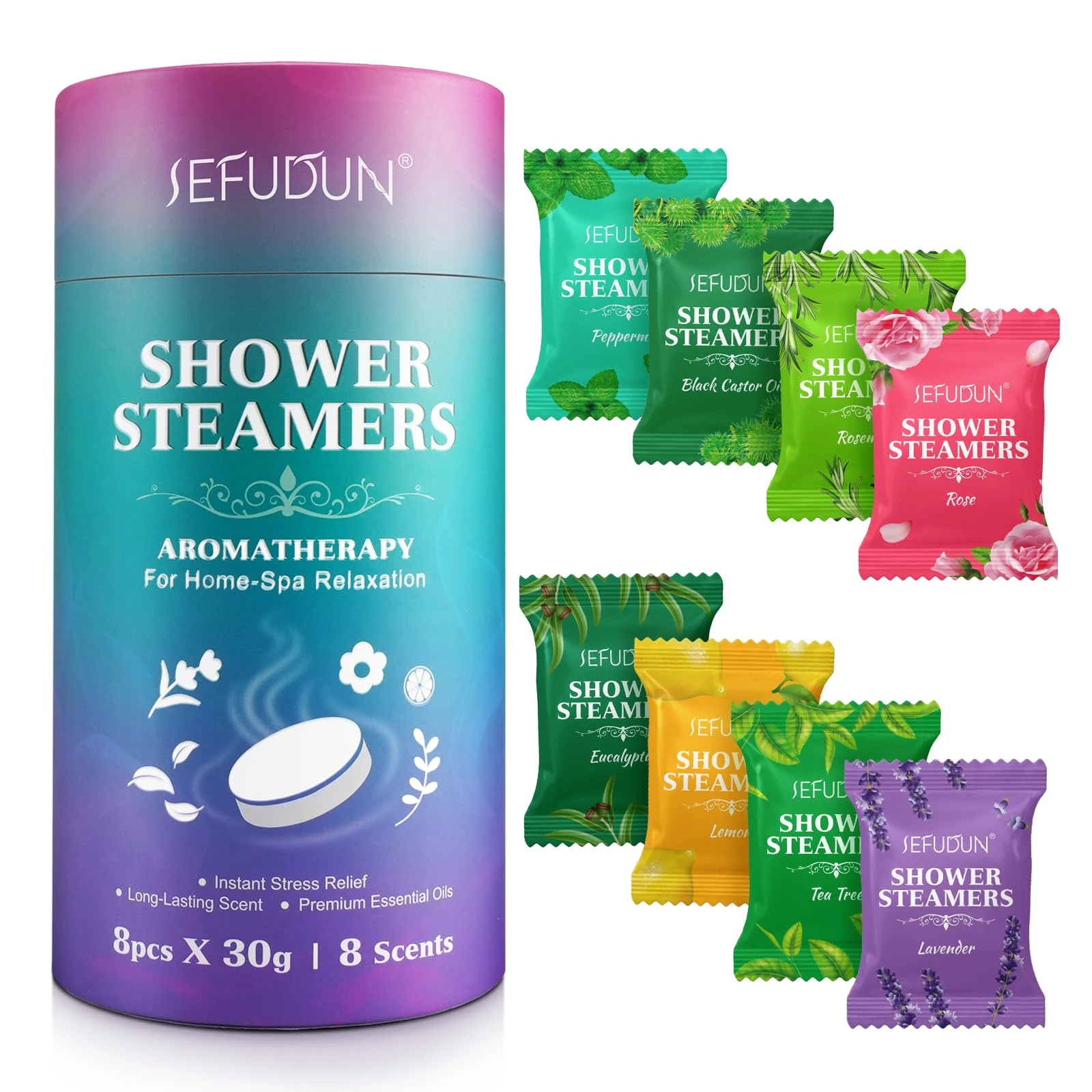 Shower Steamers Aromatherapy for Women and Men 8 Pack, 8 Scents Shower Bombs with Natural Essential Oils for Home Spa Self Care, Stress Relief and Relaxation, Nasal Relief, Birthday Gifts