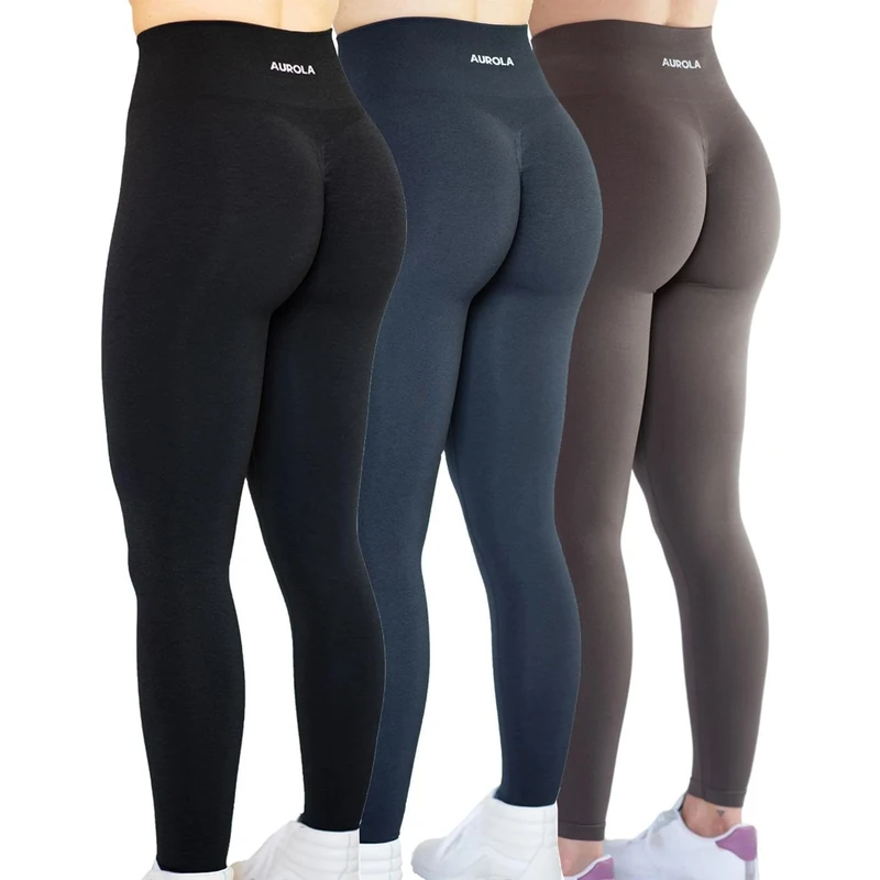 AUROLA Workout Leggings for Women Seamless Scrunch Tights Tummy Control Gym Fitness Girl Sport Active Yoga Pants, Pack (Black+Black Marl+Chestnut Brown), M