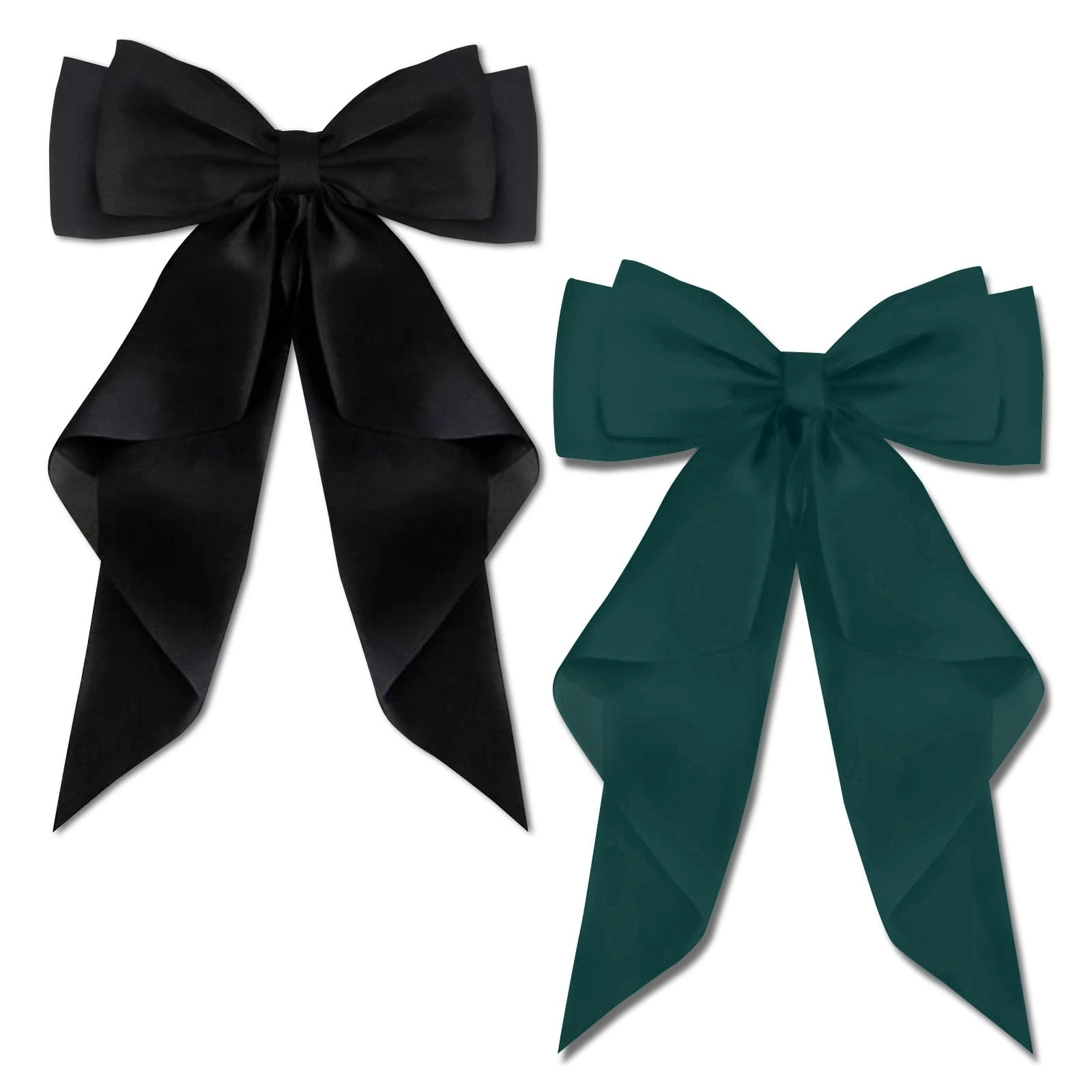 AYNKH 2 PCS Big Bow Hair Clips with Long Silky Satin, Solid Color French Barrette Simple Hair Fastener Accessories for Women Girls