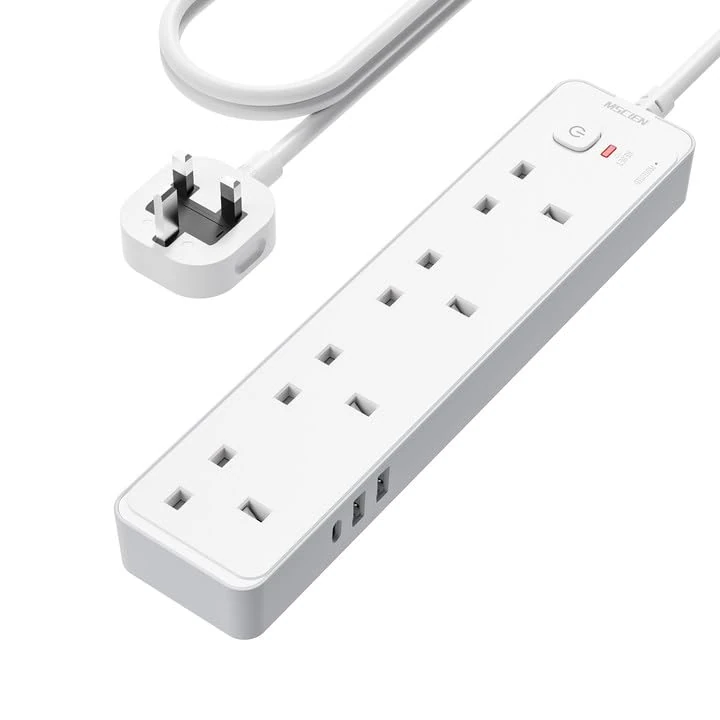 Mscien 1.8M Extension Lead with USB Slots, 4 Way Surge Protected Heavy Duty, UK Power Strips Wall Mount with 2M Extension Cable Cord, 4 Plug Extension Socket with 2 Metres, 3250W