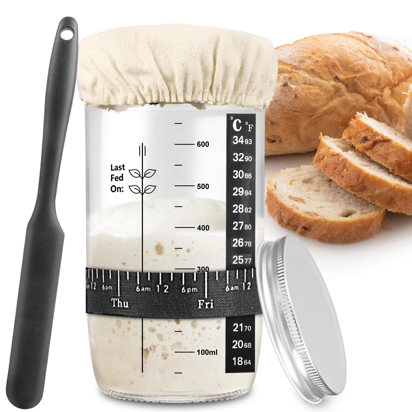 zunmial Sourdough Starter Jar 680ml, Glass Sourdough Starter Kit with Date Feeding Band, Thermometer, Cloth Cover & Metal Lid, Reusable Sourdough Bread Baking Supplies, Home Baking Supplies