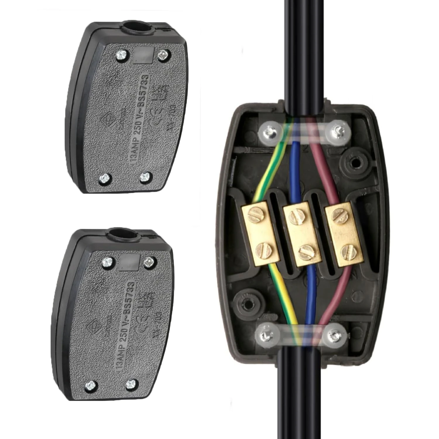 2PCS 3 Terminal Electrical Junction Box with Flex Connectors, 13A 250v Cable Joiner for Indoor OAutdoor Lighting Power Home