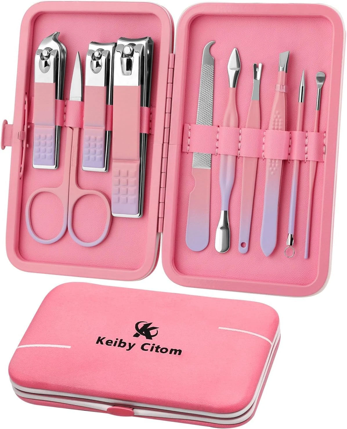 Manicure Set 10pcs Professional Nail Clippers Kit Pedicure Care Tools-Stainless Steel Grooming Tools for Travel (Pink Purple)