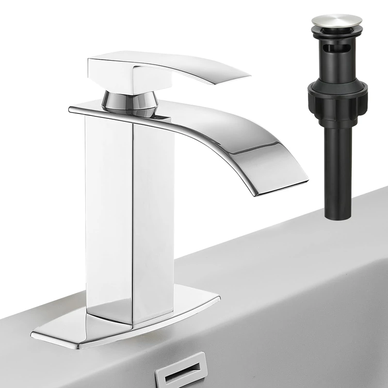 Hoimpro Chrome Waterfall Bathroom Faucet with cUPC Supply Lines, Single Handle Bathroom Sink Faucet with Pop-up Drain, Rv Vanity Vessel Faucet with Deck Plate, Chrome, 1 or 3 Hole